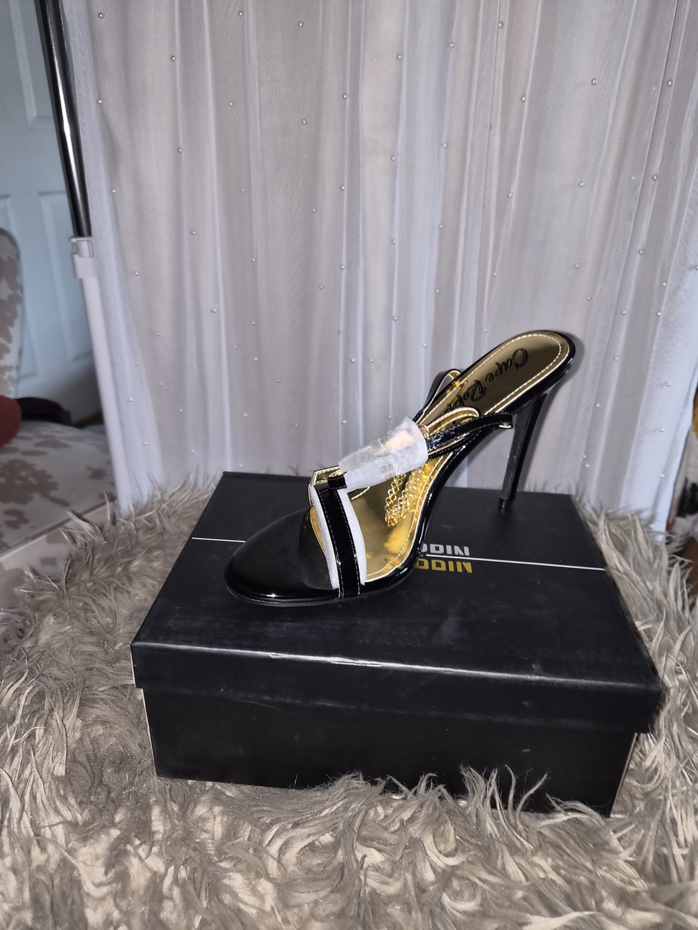 Black and Gold High Heel Slide Sandal - Women